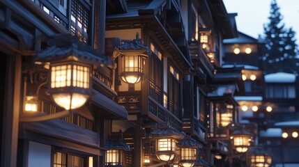 Fototapeta premium Traditional Japanese Architecture with Lanterns at Night