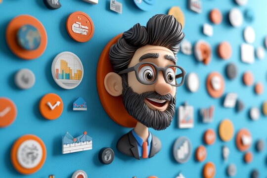 A 3D-illustrated investor looking at stock performance graphs in a colorful, vibrant office, with exaggerated expressions and playful designs