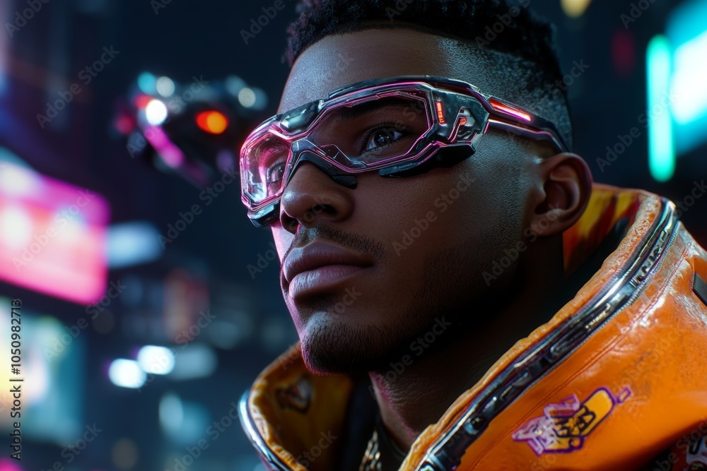 Aufkleber a cyberpunk character taking a deep breath of fresh air in a neon-lit city, standing on a rooftop wi