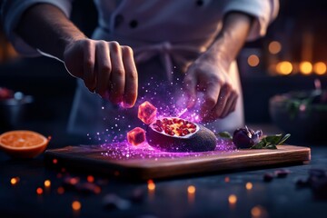A fantasy chef dicing magical fruits, with glowing cubes falling onto a wooden board in a mystical kitchen surrounded by enchanted ingredients