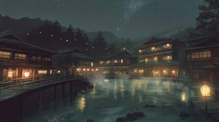Fototapeta premium Serene Night Scene of a Japanese Village