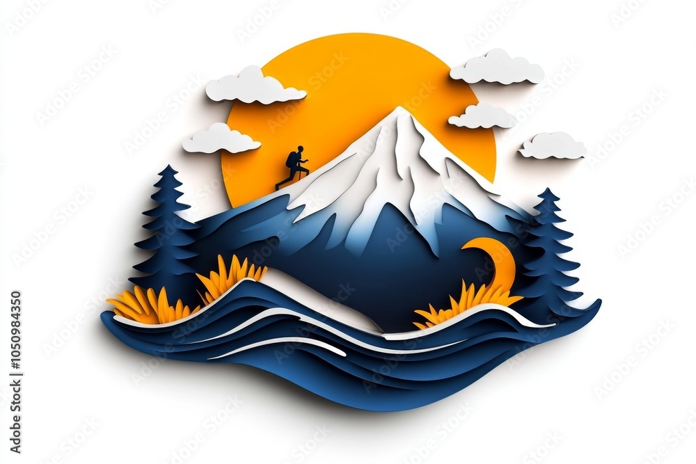 Aufkleber A minimalist design of a mountain with a small figure hiking up the side, capturing the grandeur of the landscape in a clean and simple style