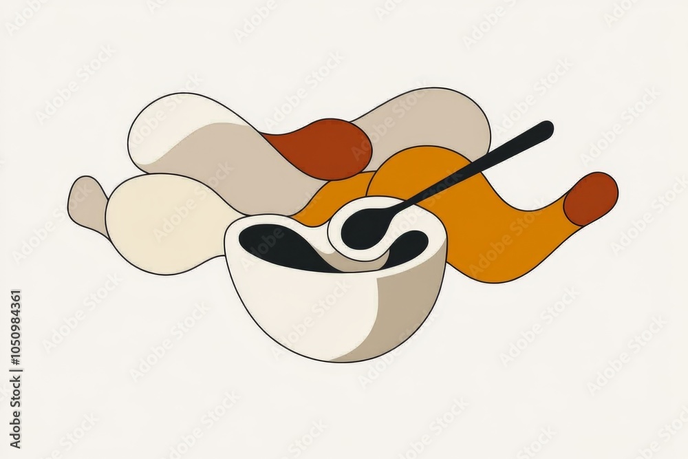 Poster A minimalist design of a person pounding spices in a mortar, represented with soft, abstract shapes and flowing lines