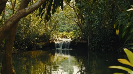 Tranquil Forest Waterfall Surrounded by Lush Greenery