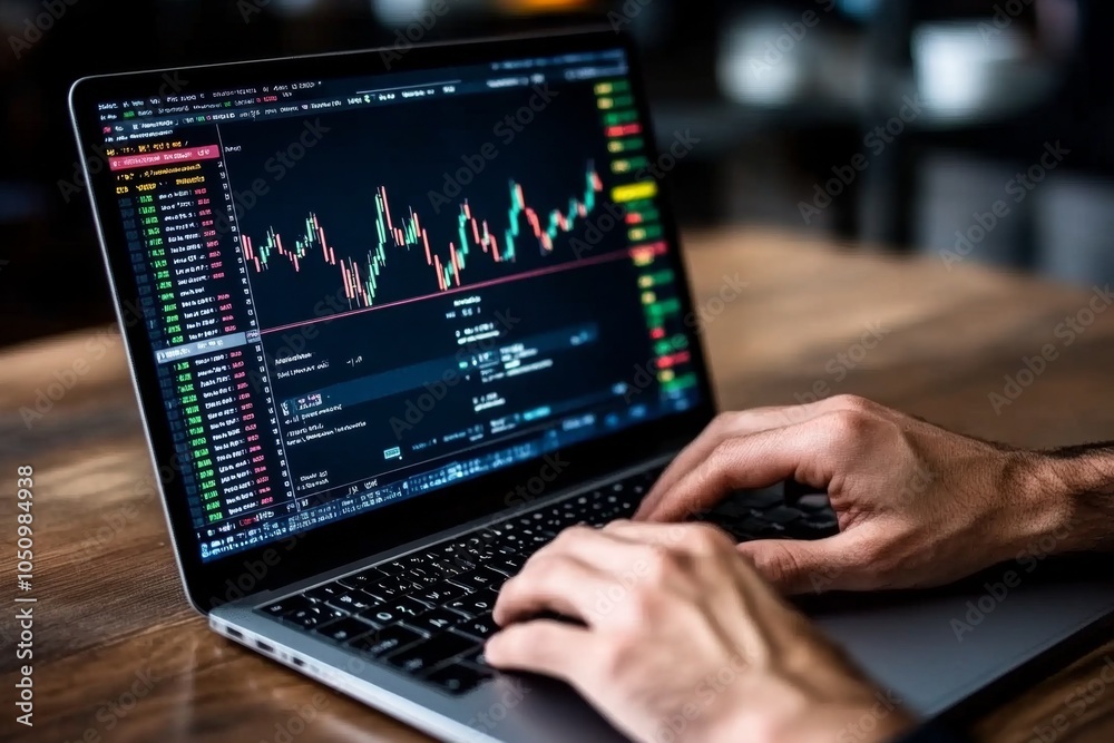 Poster A person analyzing stock charts on a laptop, with graphs and numbers displayed on the screen while they plan their investment strategy
