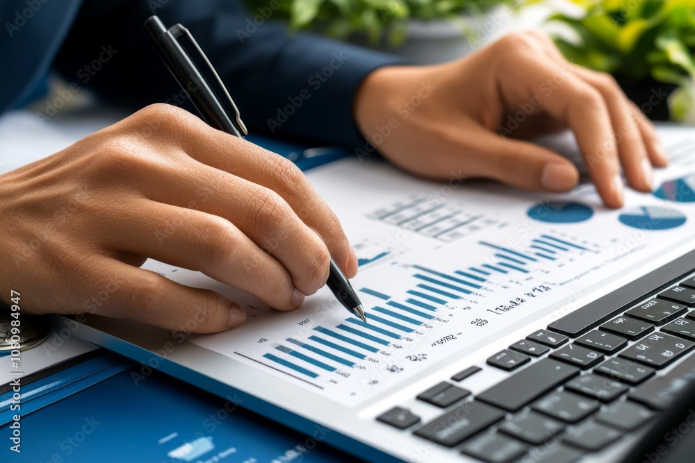 Aufkleber A person analyzing stock charts on a laptop, with graphs and numbers displayed on the screen while they plan their investment strategy