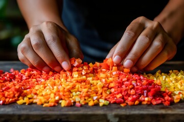 A person dicing bell peppers into tiny cubes, with a rainbow of red, yellow, and orange pieces scattered across the cutting board