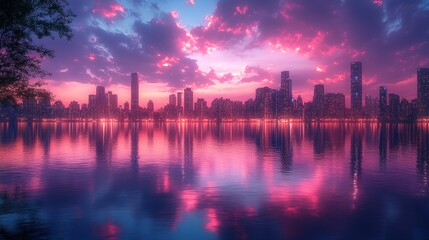 Vibrant city skyline at sunset reflected in calm waters.