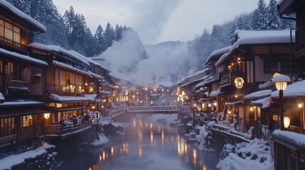 Fototapeta premium Serene Winter Village by a Snowy River