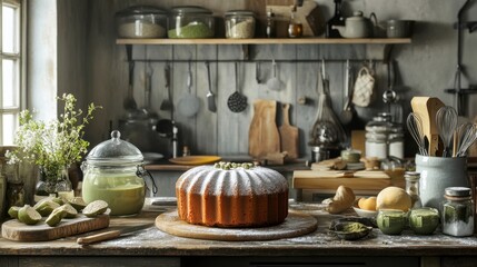 Cozy Kitchen Scene with a Freshly Baked Cake