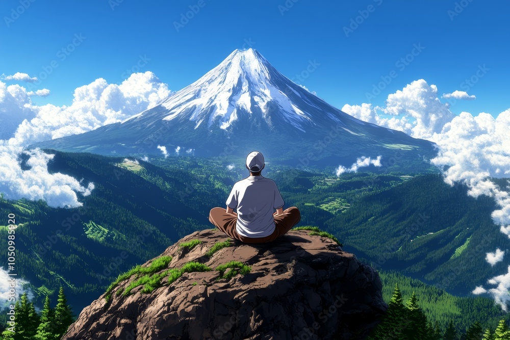Poster a pixel art character taking a deep breath on a retro-style mountaintop, with pixelated clouds and d