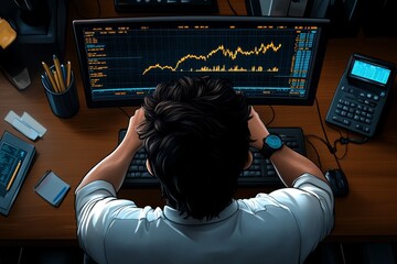 A pixel art investor reviewing stock performance on a retro computer, with colorful pixelated charts and financial data displayed on a pixelated screen