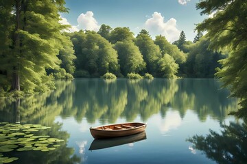 Obraz premium Bright summer sky lights up the lake, where a wooden boat drifts peacefully in the center