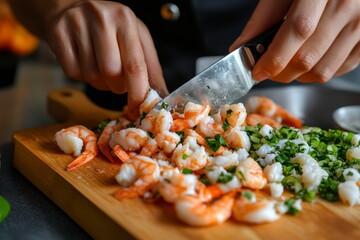 A professional chef mincing shrimp for a seafood stuffing, carefully chopping the fresh shellfish into small, fine pieces