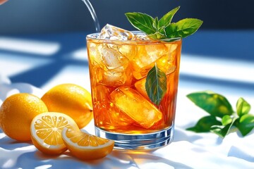 Fototapeta premium A soft watercolor painting of a person squeezing fresh lemon juice into a glass of iced tea, with gentle, flowing lines and soft pastel colors blending together