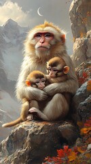 Obraz premium Family of monkeys perched on rocky mountain with snowy peaks visible picture