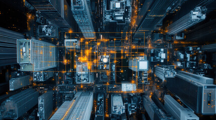 Fototapeta premium Aerial view of modern cityscape showcasing skyscrapers and urban infrastructure, illuminated by city lights and digital overlays, creating vibrant and dynamic atmosphere