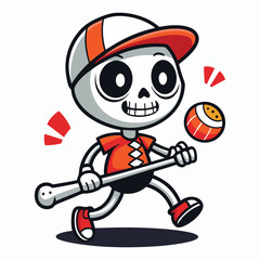 cute skeleton playing baseball on white background