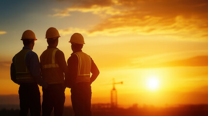 Fototapeta premium Construction workers observing sunset at site, showcasing teamwork and dedication. silhouettes against vibrant sky highlight their commitment to project