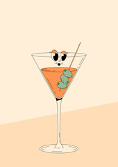 Groovy character martini with emotion. Retro summer poster with popular alcoholic cocktail and empty space. Vintage vector illustration 70s, 80s style