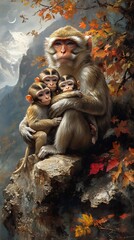 Monkeys posing together on rocky mountain landscape with snowy peak background