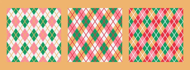 Set of seamless geometric Argyle patterns in green, pink, red and white. Classic Christmas backgrounds for fabric, textile, clothing, wrapping paper, scrapbook. Vector design