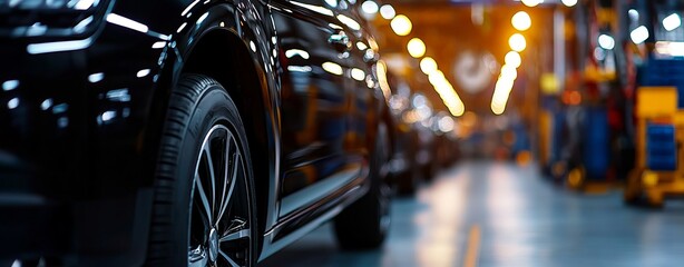 Close-up of a black car tire in an automotive workshop.