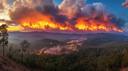 Naklejka premium Dramatic Sunset Over Mountain Wildfire Scene