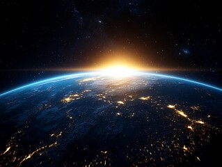 Fototapeta premium Earth's horizon with sunrise, visible lights of cities.