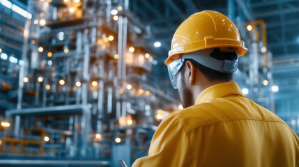 worker in yellow hard hat and safety goggles is reviewing safety protocols in industrial setting, showcasing commitment to safety and professionalism