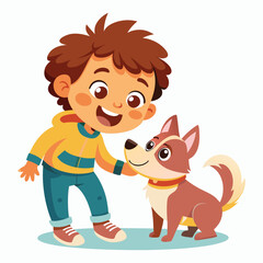 cute child playing with dog on white background