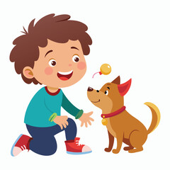 cute child playing with dog on white background