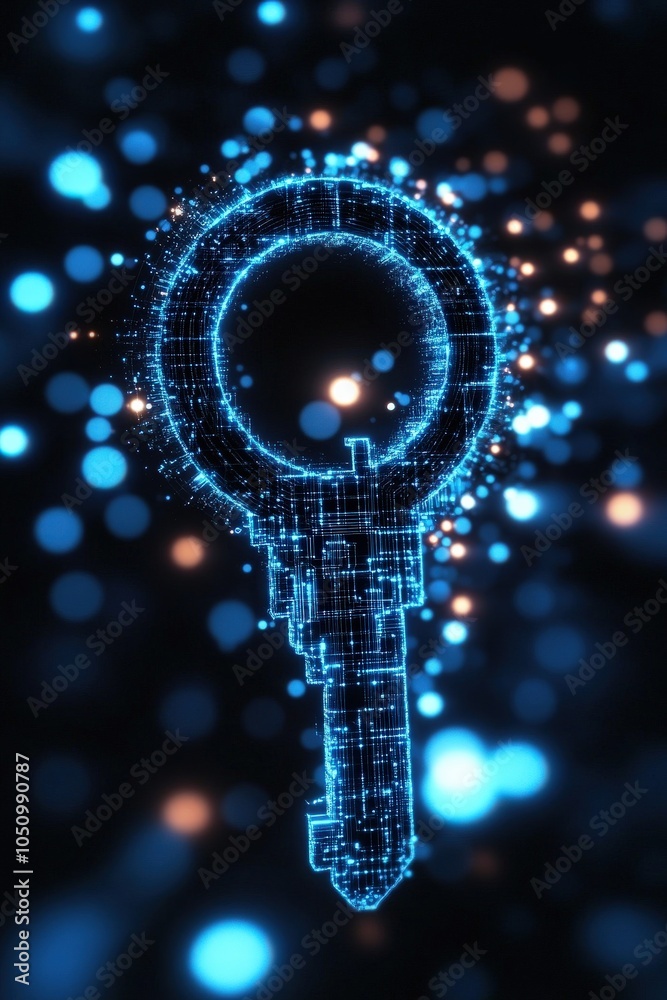 Wall mural Digital key design with blue lights on a dark background