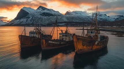 Obraz premium A high angle shot of rusty boats on the sea near high mountains during 