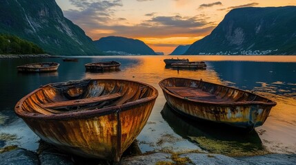 Fototapeta premium A high angle shot of rusty boats on the sea near high mountains during 
