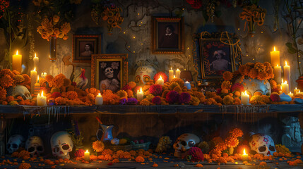 A high-definition photograph of a Día de los Muertos altar, covered with vibrant marigolds, sugar skulls, and colorful candles.