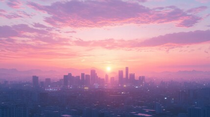 Obraz premium Stunning Urban Sunset Over a City Skyline
