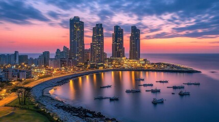 Obraz premium Serene Coastal Cityscape at Dusk