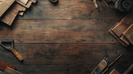 A top view of pieces of wood and tools for construction and repair on a wooden table