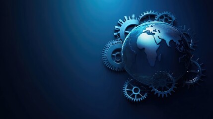 Obraz premium Abstract futuristic globe cogs technology background concept.Speed movement pattern and motion blur over dark blue background