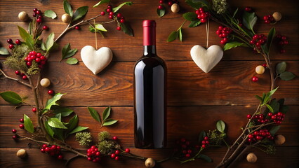 Festive wine bottle with berries and hearts on wooden table
