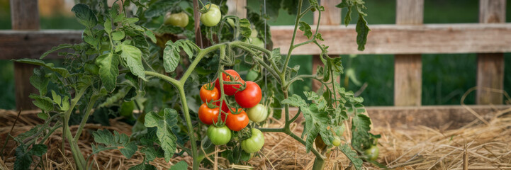 A bunch of red and green cherry tomatoes still attached to their vines