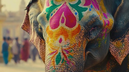 Obraz premium Colorful Elephant with Artistic Paint in Festival Setting
