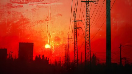 Naklejka premium Red Sunset Over Cityscape with Power Lines