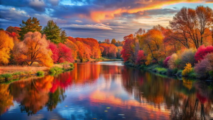 Fototapeta premium Vibrant autumn foliage reflected in serene lake at sunset