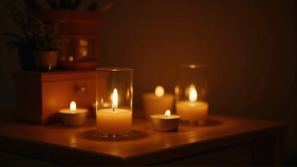 Five lit candles in diminishing sizes create a tranquil and warm atmosphere, suggesting peace and remembrance. Generative, AI,