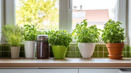 Fresh Herbs in Bright Kitchen Window Setup