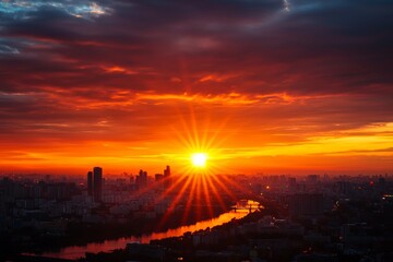 Obraz premium Stunning sunset over city skyline with vibrant orange hues.