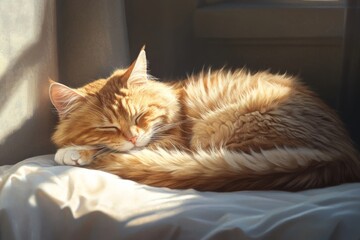 A fluffy cat peacefully curled up in a sunlit spot, enjoying a warm afternoon nap on soft fabric
