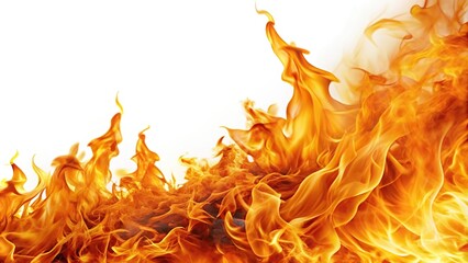 Vibrant fire flames on white background at tilted angle